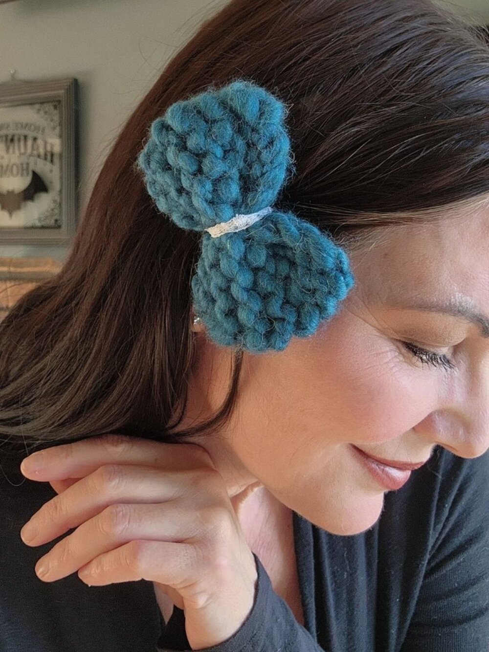 Hand Knit Hair Bow on Clip, Dark Teal Blue with Vintage White Lace, "Dark Skies"
